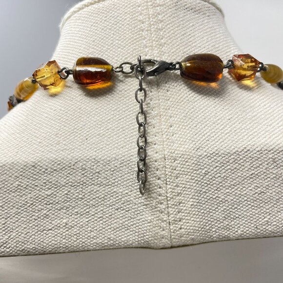 Murano Glass Beaded Necklace Square Pendant Amber Brown Faceted - Picture 9 of 16